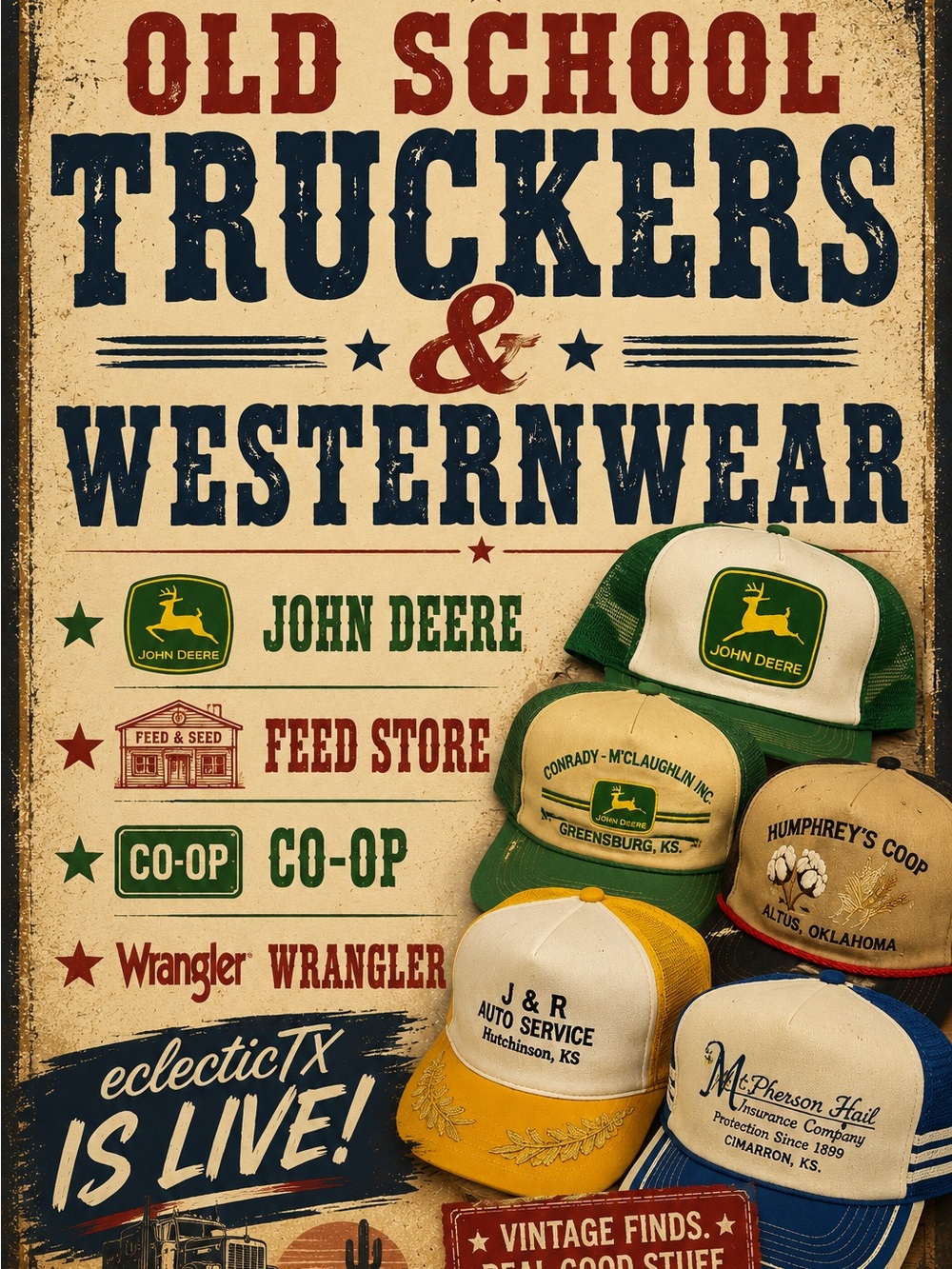 Live show listing. Vintage and streetwear. Wrangler, John Deere & coop